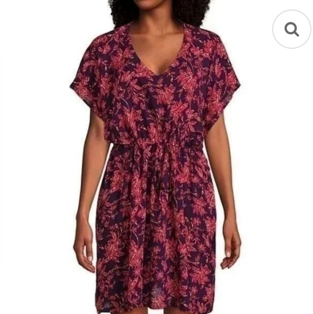 NWT Land's End Women's Short Sleeve Gat here Waist Cover Up Dress Floral size M